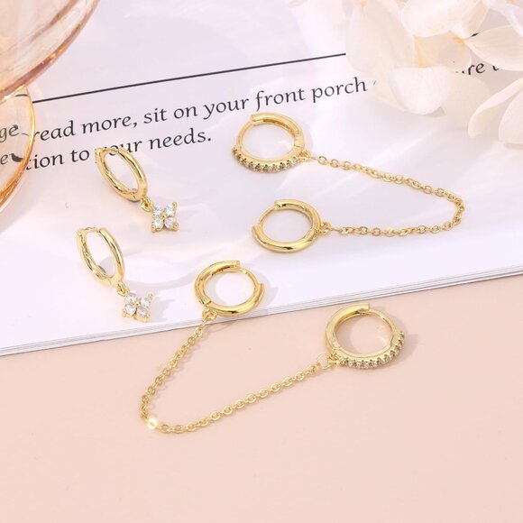 3-4 Hole Cartilage Stud Earrings Set for Women Dainty Gold Earrings 14k Gold - Picture 5 of 7